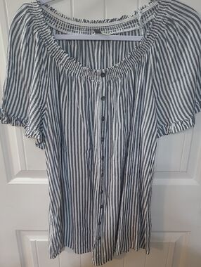 Terra & Sky Navy & White Striped Off-Shoulder Button Front Top 0X 14W